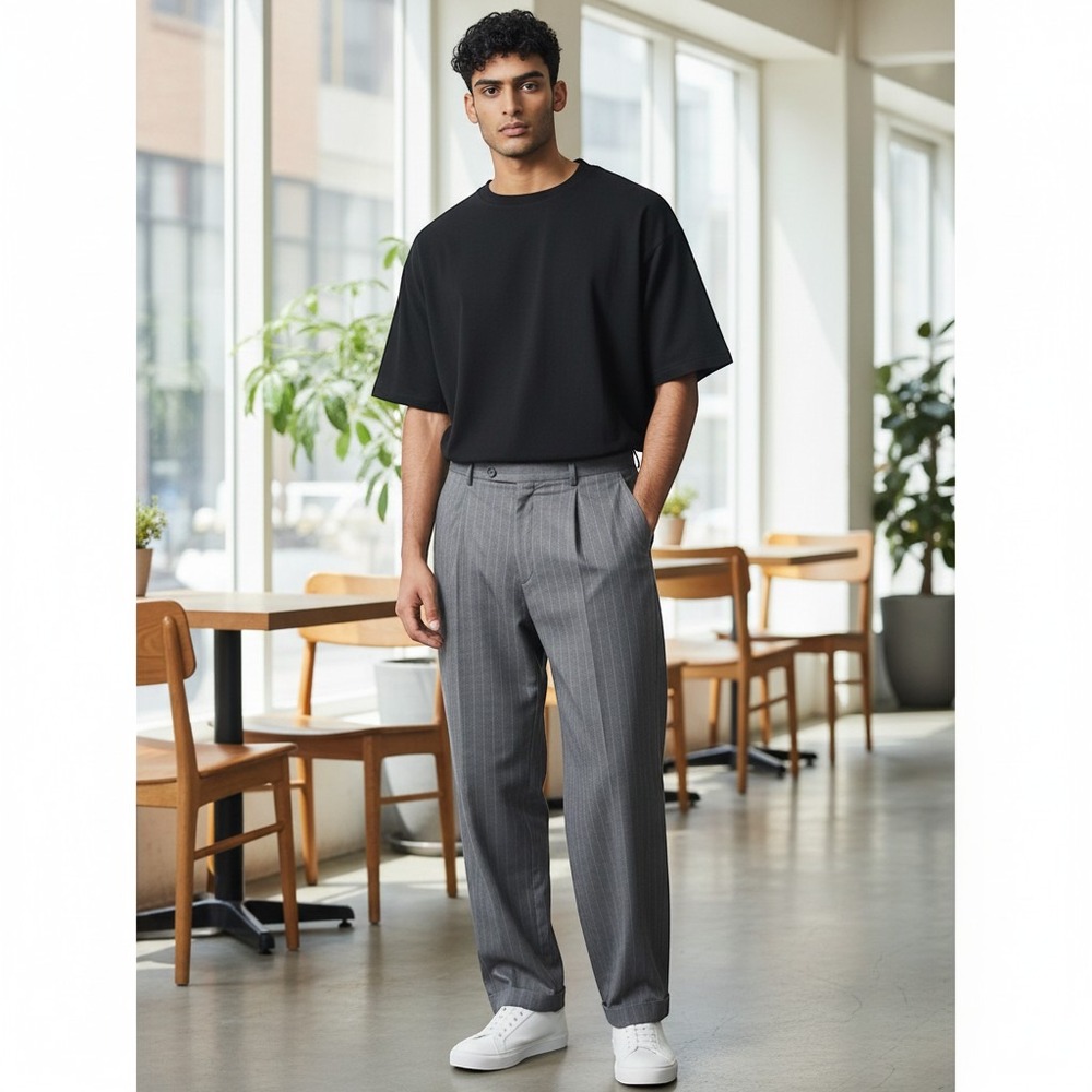 Lineage Dress Pants 40 Grey Excellent Wool Pinstripe Pleated Cuffed Trousers